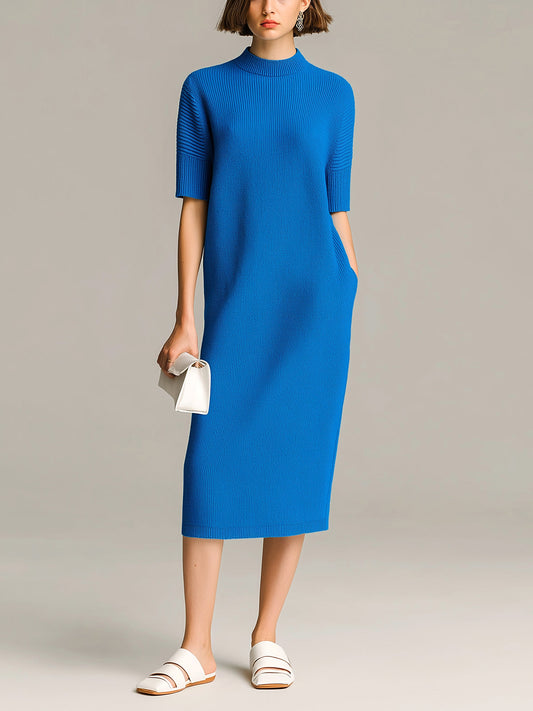 Chic Vintage Royal Blue Round Neck Short-Sleeve Loose-Fit Ribbed Knit Midi Dress