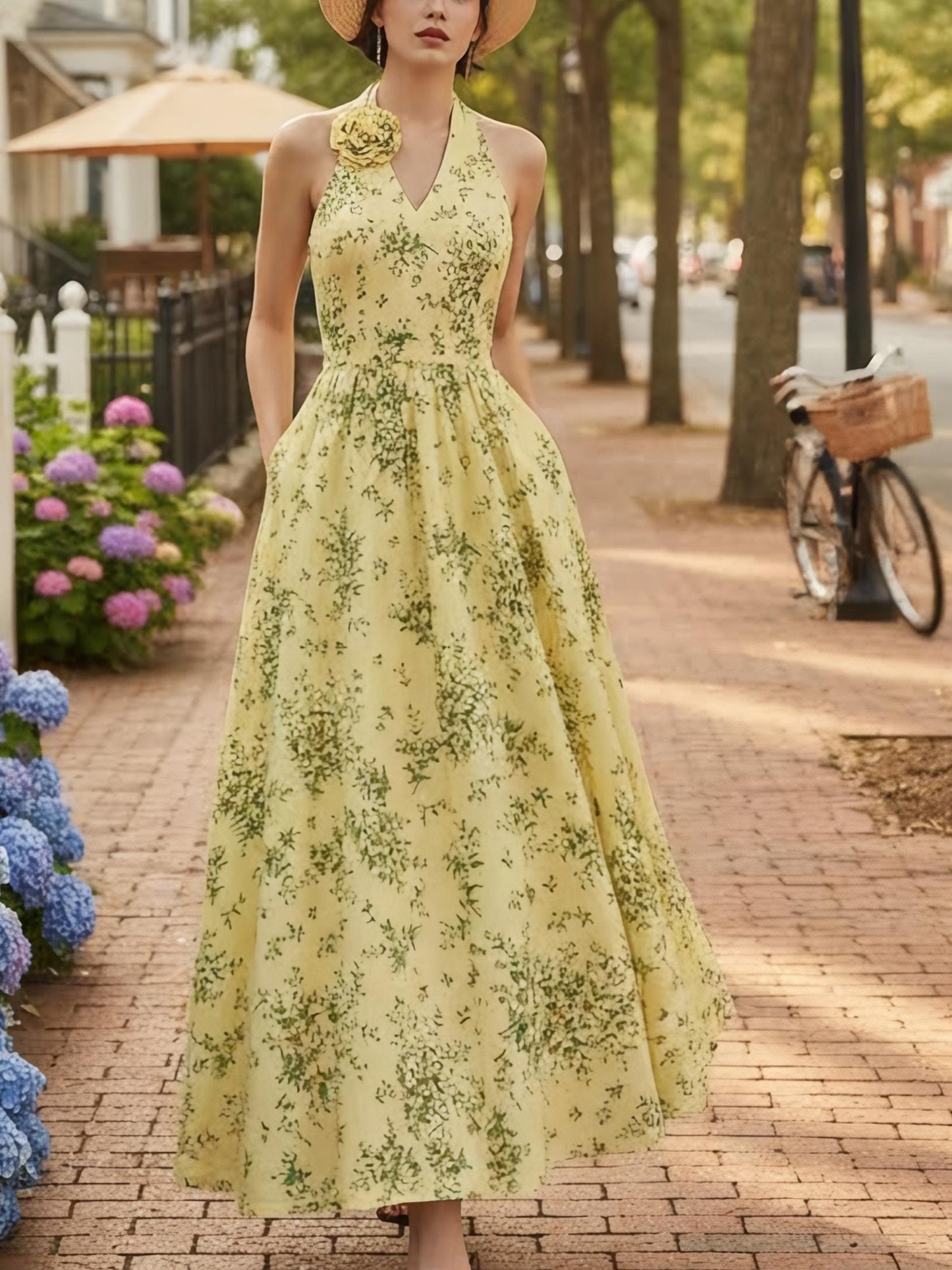 Robe longue en coton, sans manches, col en V, à fleurs, fleurs en 3D (détachables), vacances, vintage, jaune