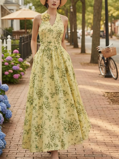 Robe longue en coton, sans manches, col en V, à fleurs, fleurs en 3D (détachables), vacances, vintage, jaune