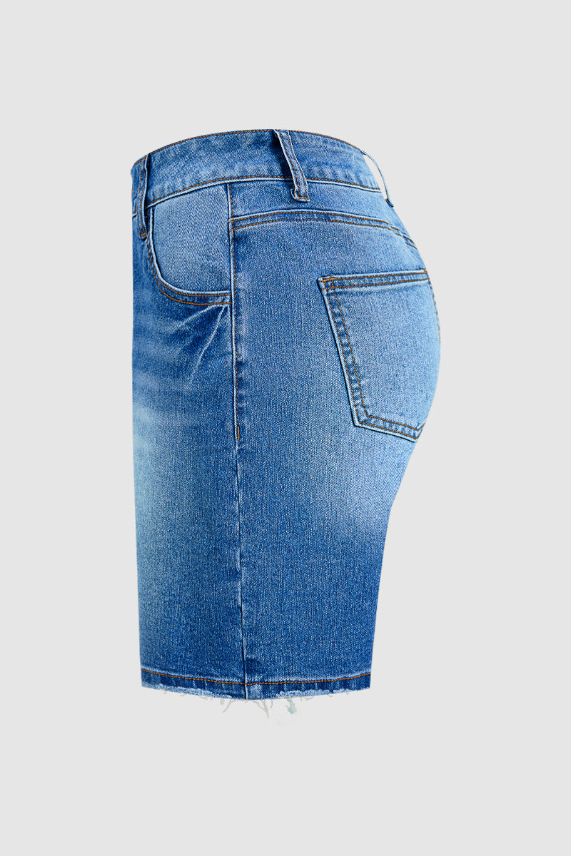 Wash Raw Hem Mid Waist Denim Mid Thigh Shorts Without Belt