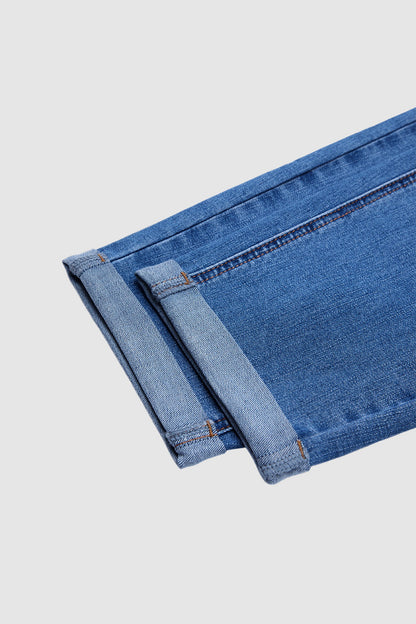 Wash Roll Hem Patched Pocket High Waist Tapered Crop Jeans