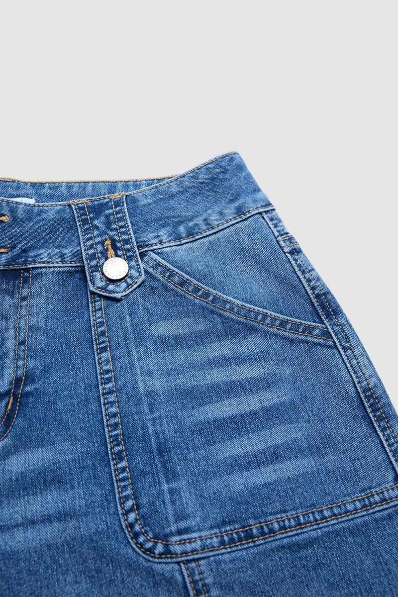 Stitch Detail Button Tab Wide Leg Mid Waist Jeans