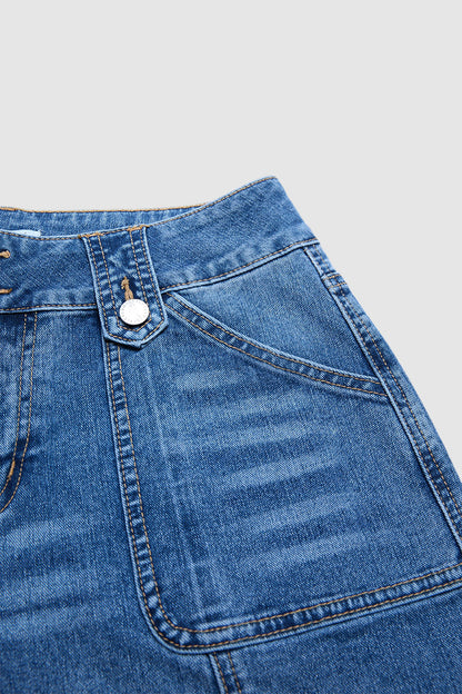 Stitch Detail Button Tab Wide Leg Mid Waist Jeans
