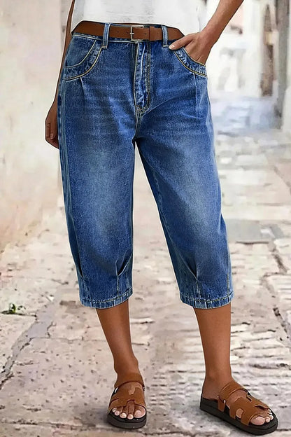 Wash Pleated Mid Rise Capri Tapered Jeans Without Belt