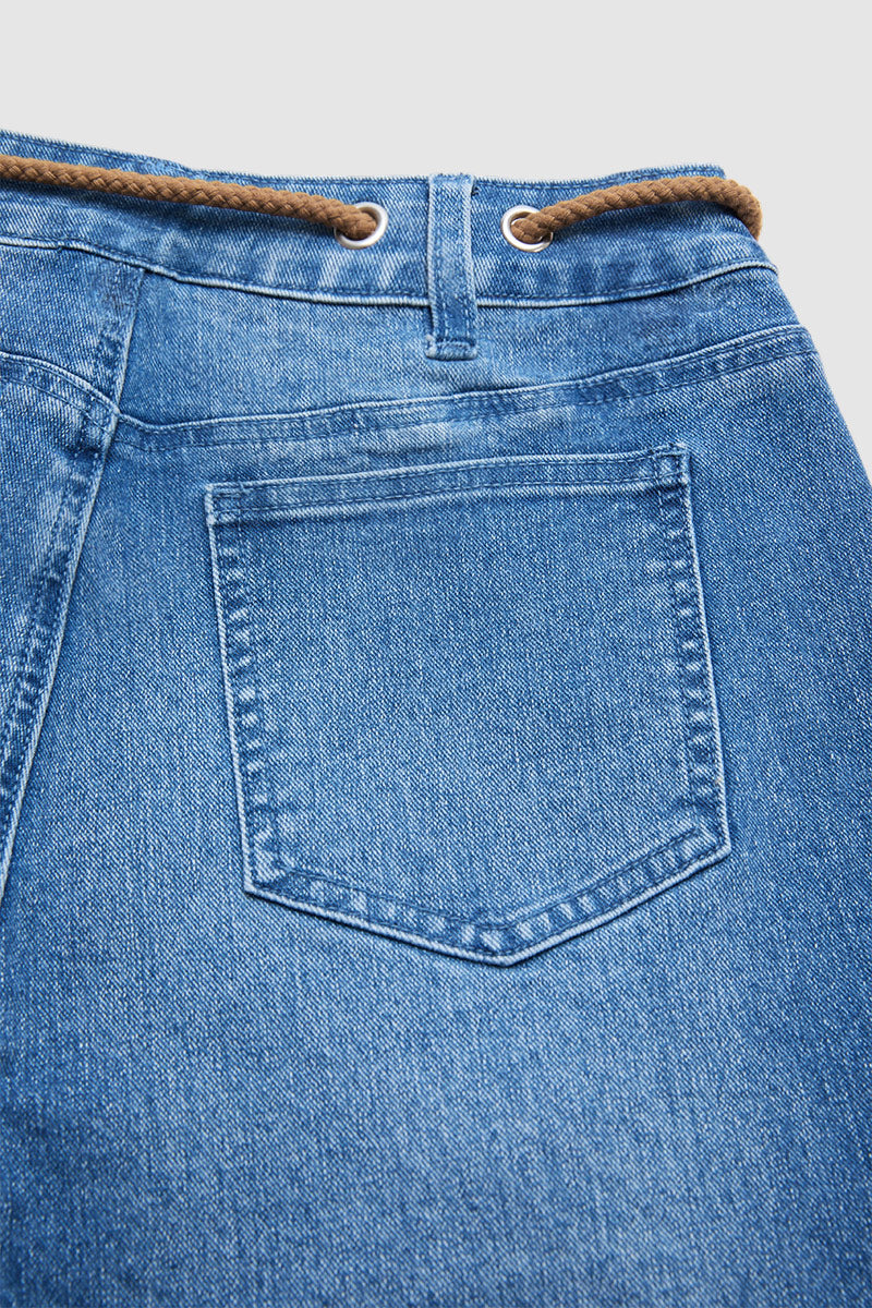 Drawstring Raw Hem Split Mid Waist Wide Leg Jeans