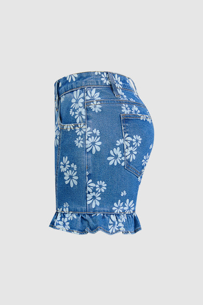 Floral Print Stitch Front Ruffle Hem Mid Rise Denim Shorts