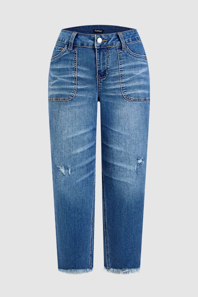 Wash Ripped Raw Hem High Rise Straight Leg Crop Jeans Without Belt