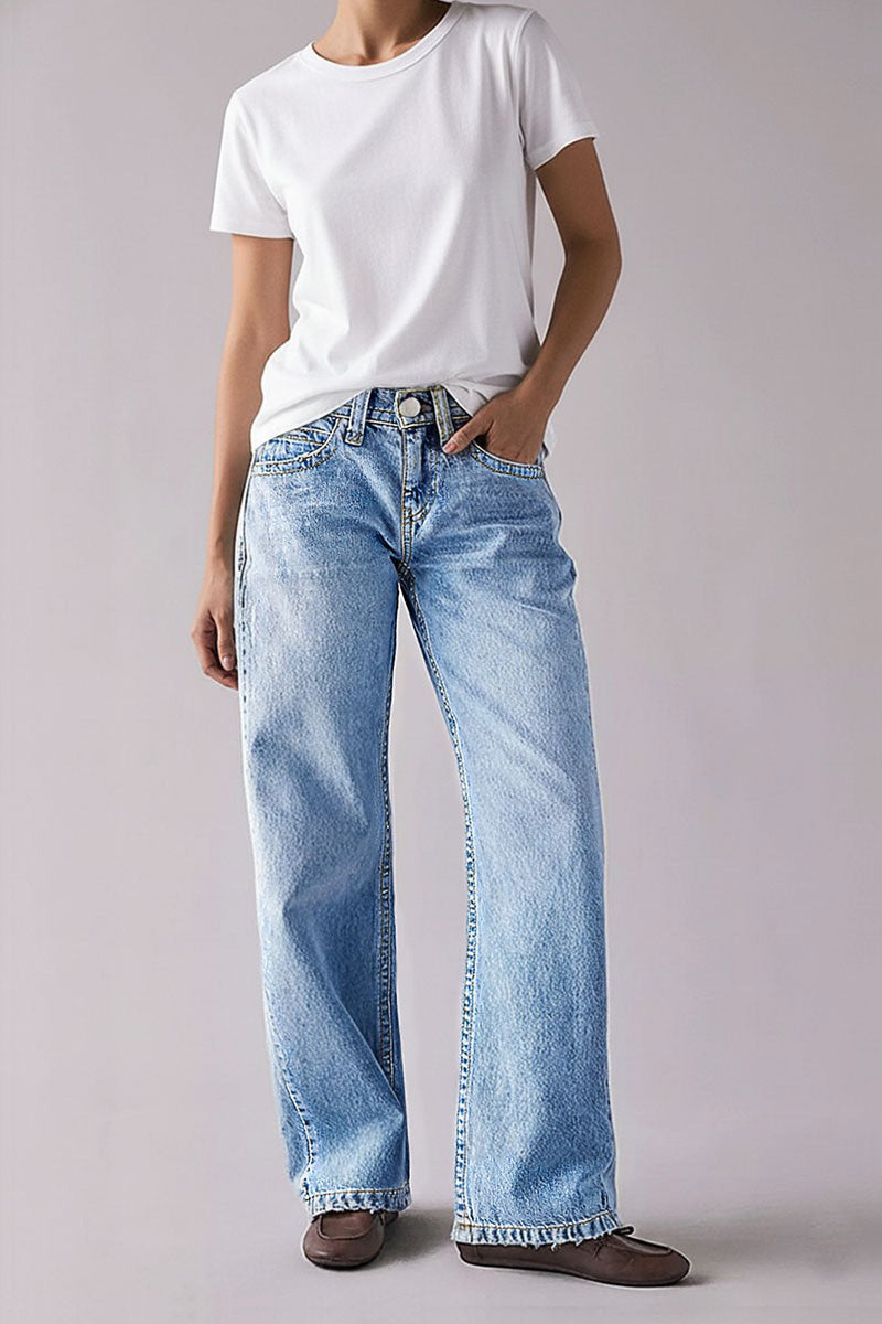 Wash Raw Hem Mid Rise Straight Leg Jeans