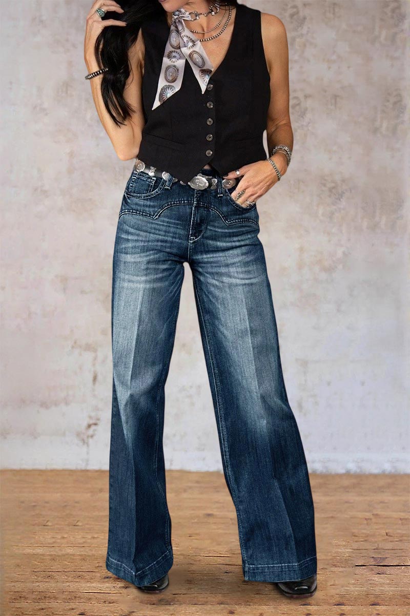 Wash Stitch Detail Mid Rise Straight Leg Jeans Without Belt