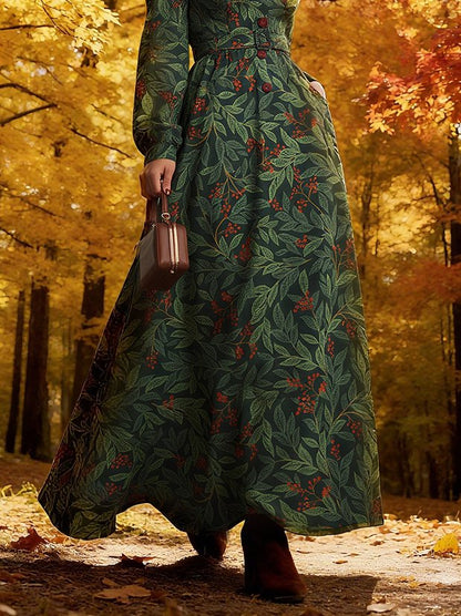Robe longue en lin, manches longues, col châle, motif floral, boutonnée, style vintage, verte