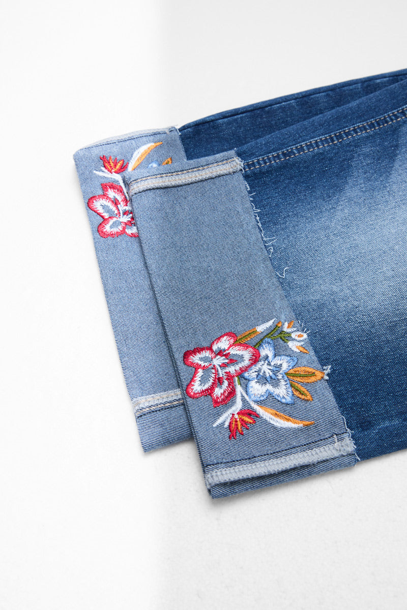 Wash Floral Embroidery Roll Hem Mid Rise Denim Bermuda Shorts