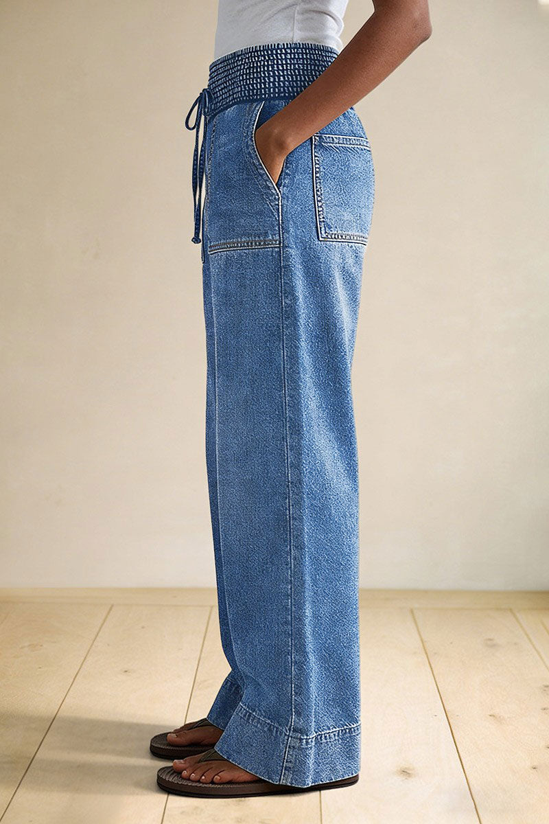 Wash Patch Pocket Tie Front Shirred High Rise Wide Leg Jeans