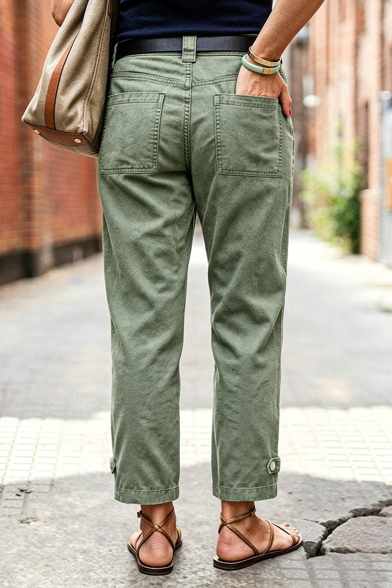 Solid Button Detail Mid Waist Straight Leg Cropped Pants Without Belt