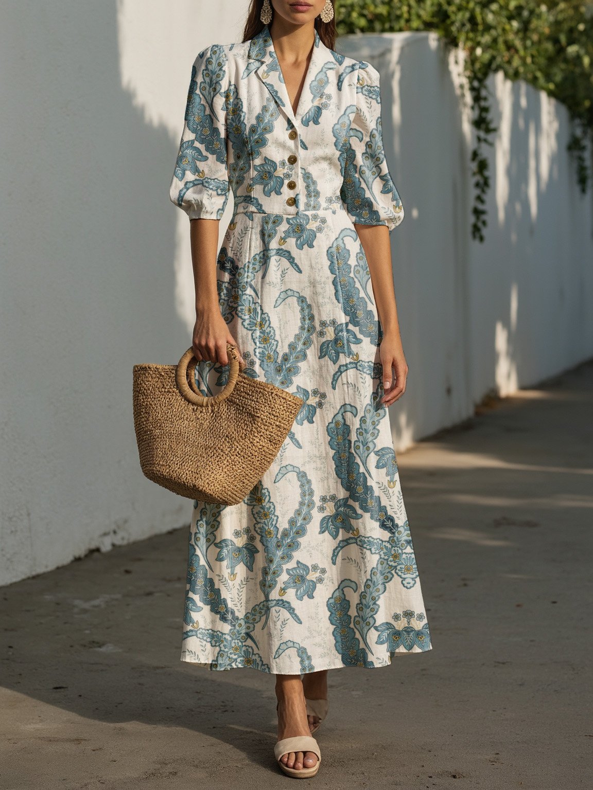 Robe longue en lin, manches courtes, col châle, motif cachemire, boutonnée, vacances, style vintage, blanche
