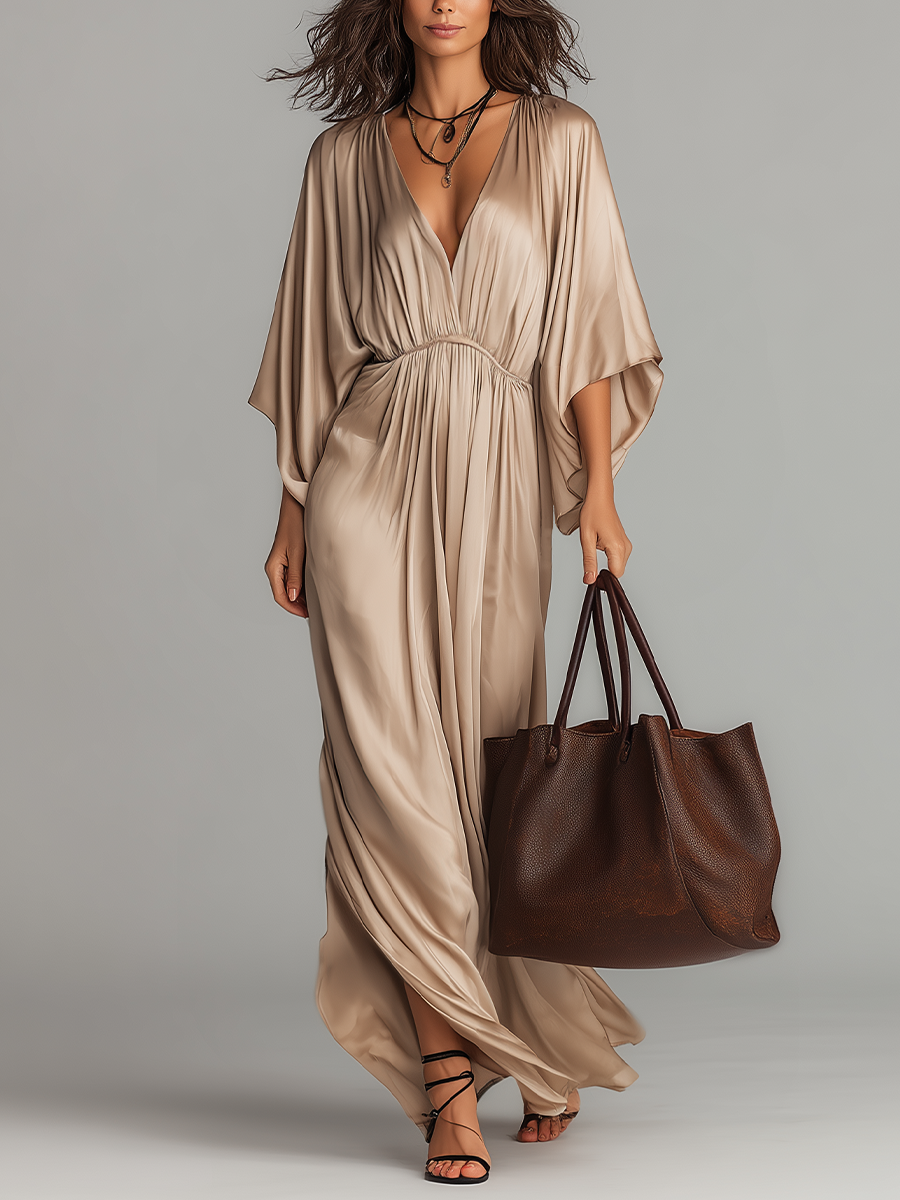 Robe longue caftan en satin drapé élégante