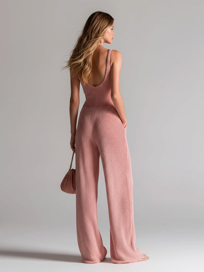 Chic Casual Red-White Stripes V-Neck Zipper-Front Sleeveless Tailored Waist Wide-Leg Knit Jumpsuit