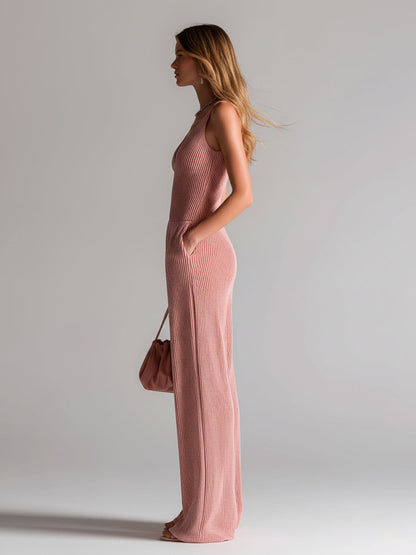 Chic Casual Red-White Stripes V-Neck Zipper-Front Sleeveless Tailored Waist Wide-Leg Knit Jumpsuit