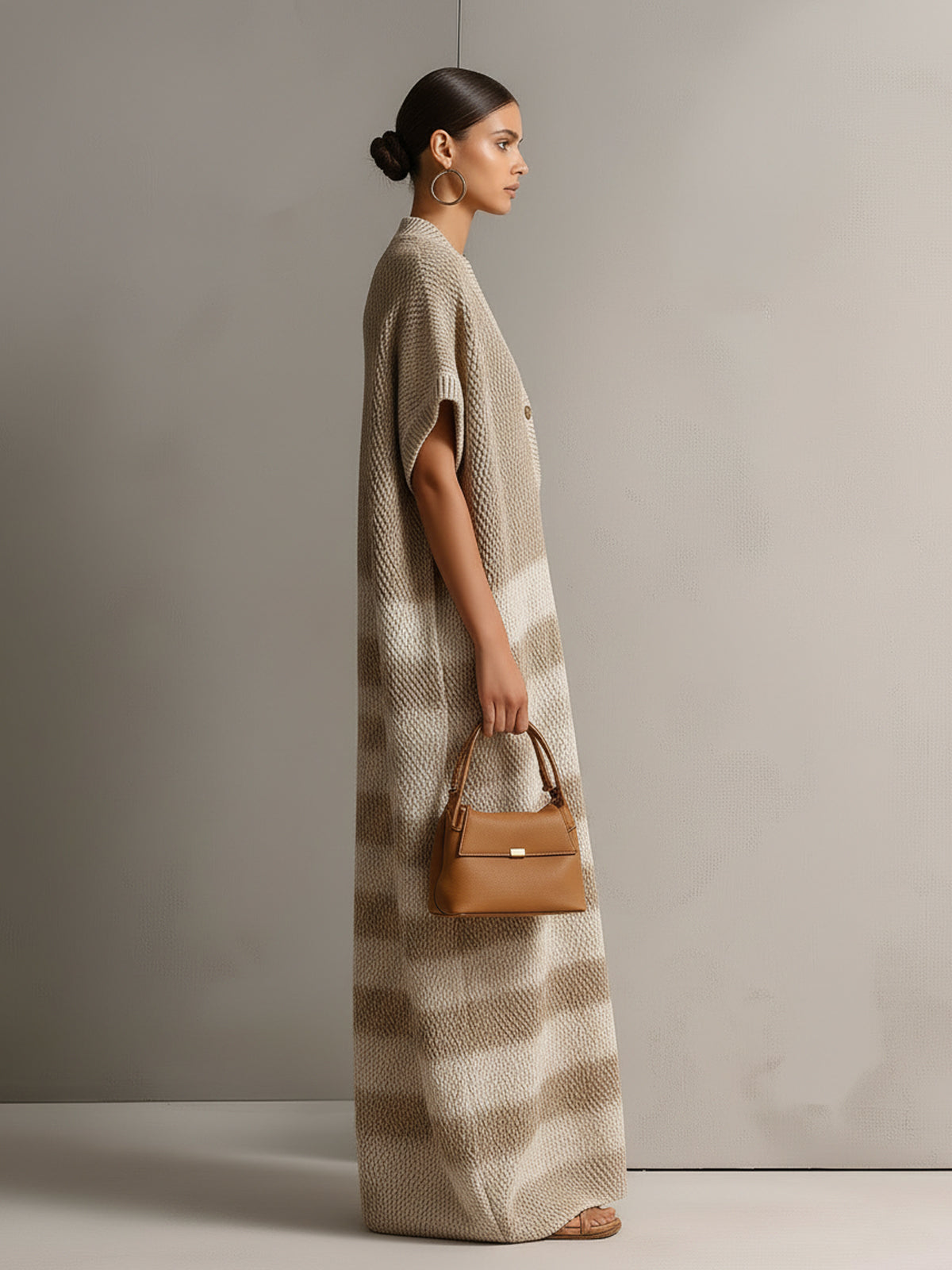 Chic Elegant Light Camel-Beige Colorblock V-Neck Button-Front Short-Sleeve Oversize Knit Maxi Dress