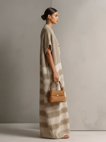 Chic Elegant Light Camel-Beige Colorblock V-Neck Button-Front Short-Sleeve Oversize Knit Maxi Dress