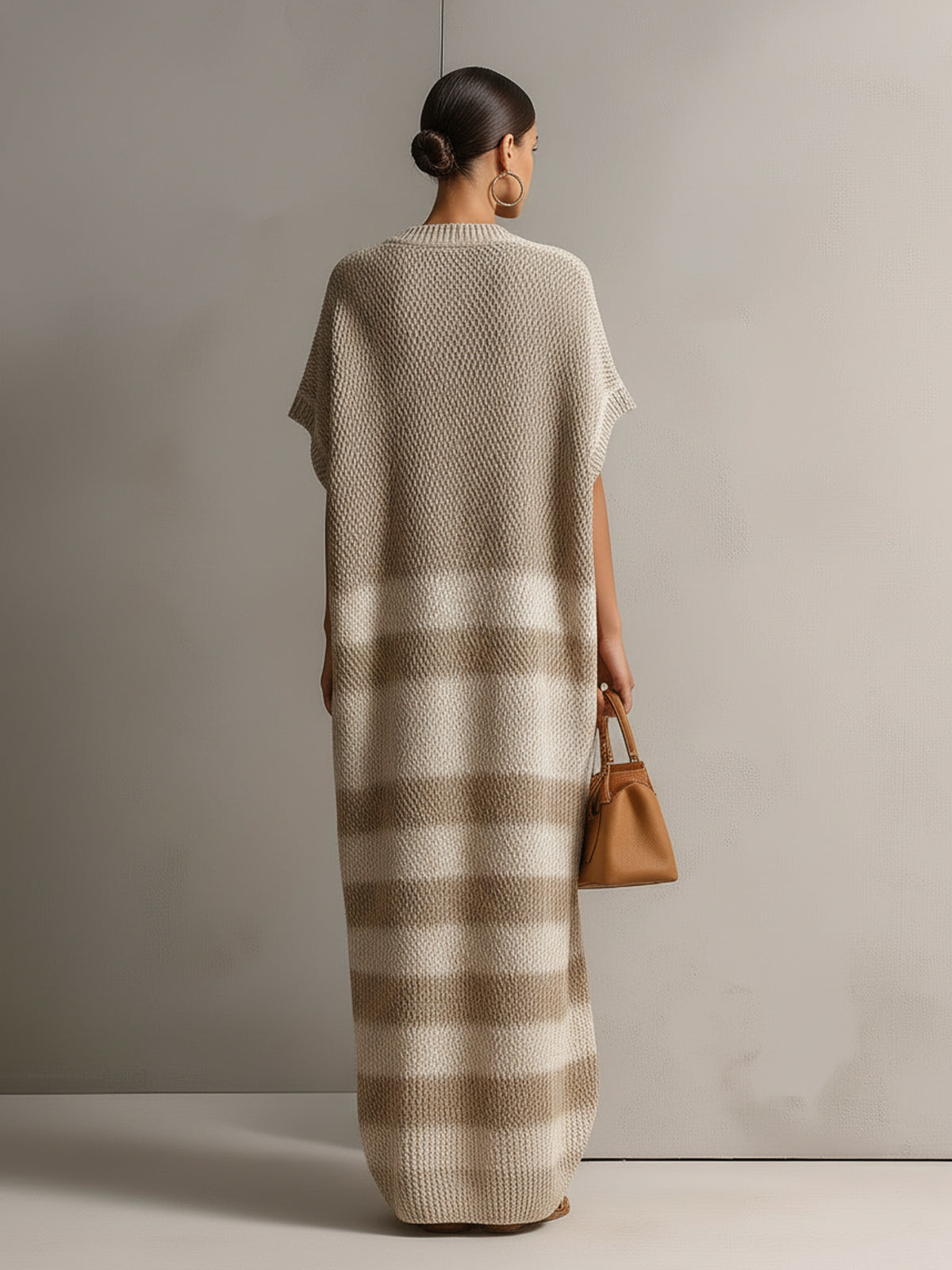 Chic Elegant Light Camel-Beige Colorblock V-Neck Button-Front Short-Sleeve Oversize Knit Maxi Dress