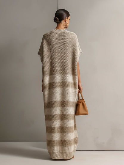 Chic Elegant Light Camel-Beige Colorblock V-Neck Button-Front Short-Sleeve Oversize Knit Maxi Dress
