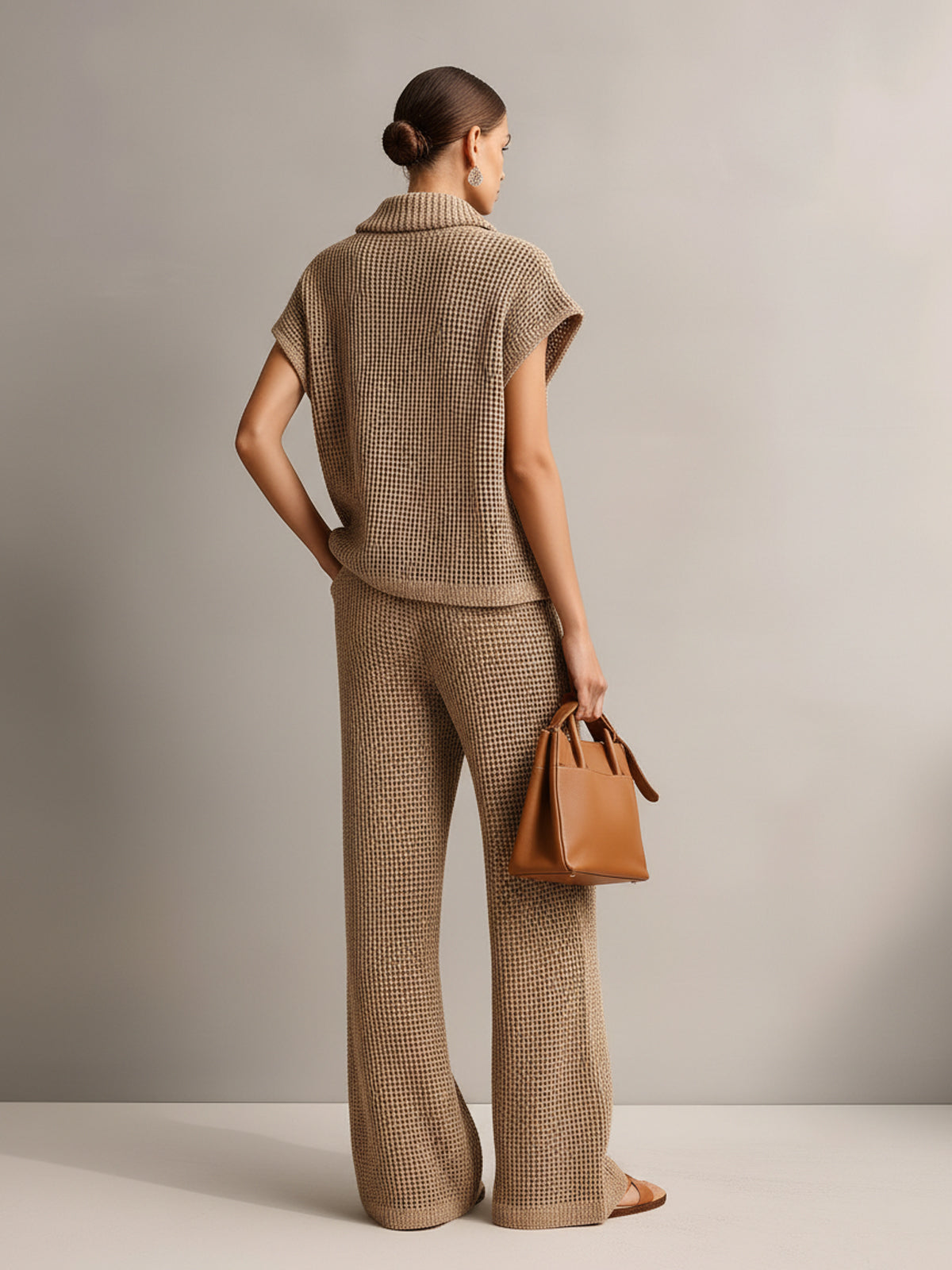 Chic Elegant Camel Stand Collar V-Neck Off-Shoulder Oversize Vest Beige Wide-Leg Pants Knit Two-Piece Set