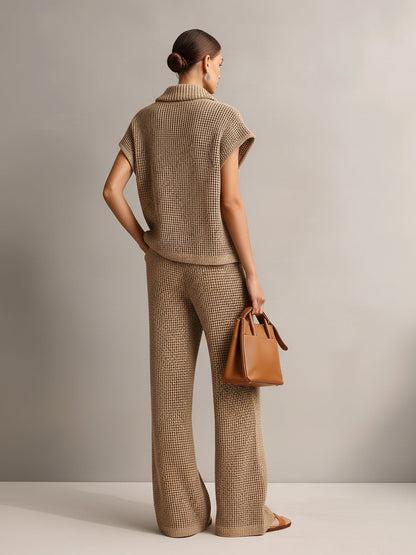 Chic Elegant Camel Stand Collar V-Neck Off-Shoulder Oversize Vest Beige Wide-Leg Pants Knit Two-Piece Set