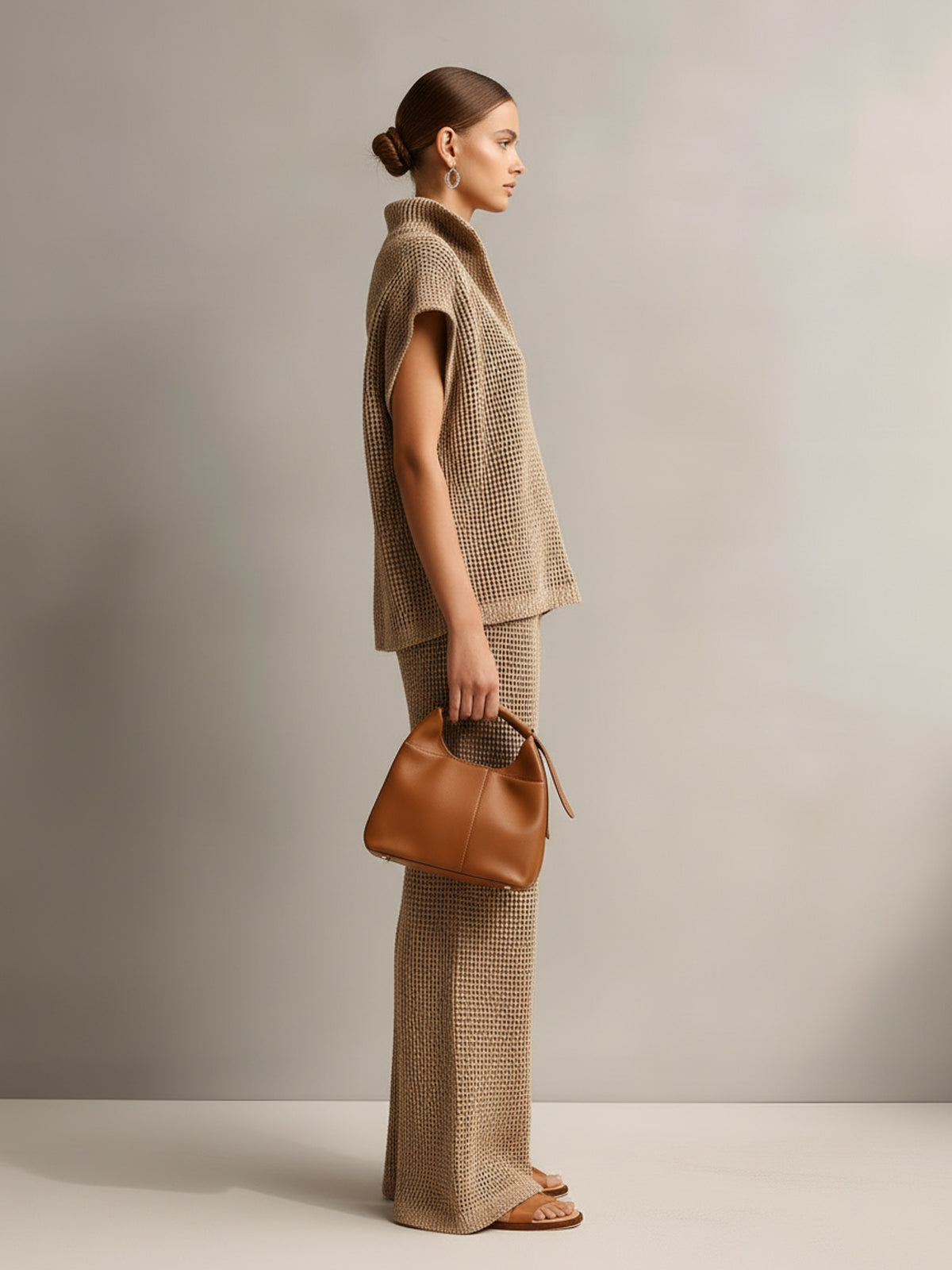 Chic Elegant Camel Stand Collar V-Neck Off-Shoulder Oversize Vest Beige Wide-Leg Pants Knit Two-Piece Set