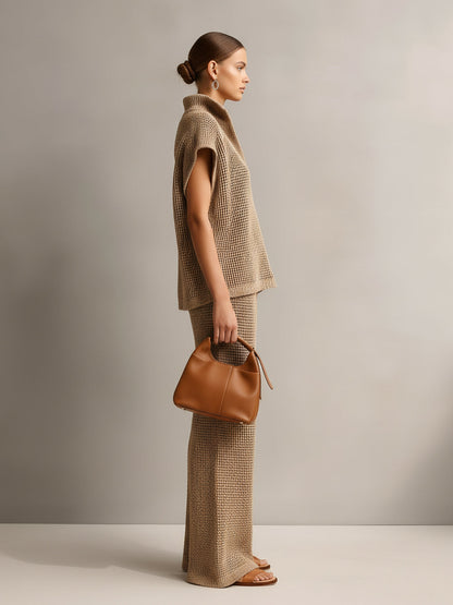 Chic Elegant Camel Stand Collar V-Neck Off-Shoulder Oversize Vest Beige Wide-Leg Pants Knit Two-Piece Set