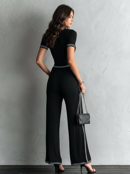 Chic Elegant Black Zipper-Up V-Neck Contrast Trim Detail Short-Sleeve Tailored Waist Wide-Leg Ribbed Knit Jumpsuit