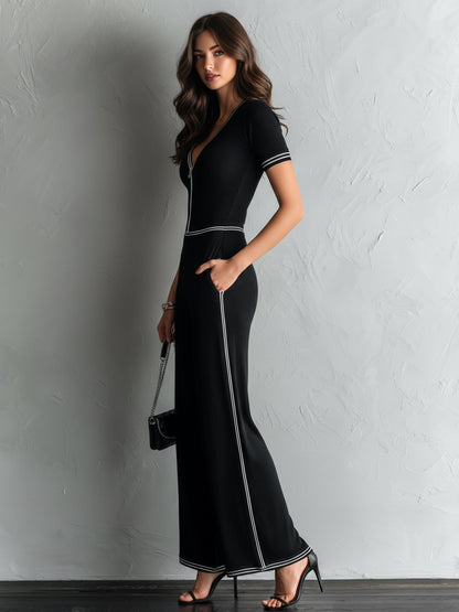 Chic Elegant Black Zipper-Up V-Neck Contrast Trim Detail Short-Sleeve Tailored Waist Wide-Leg Ribbed Knit Jumpsuit