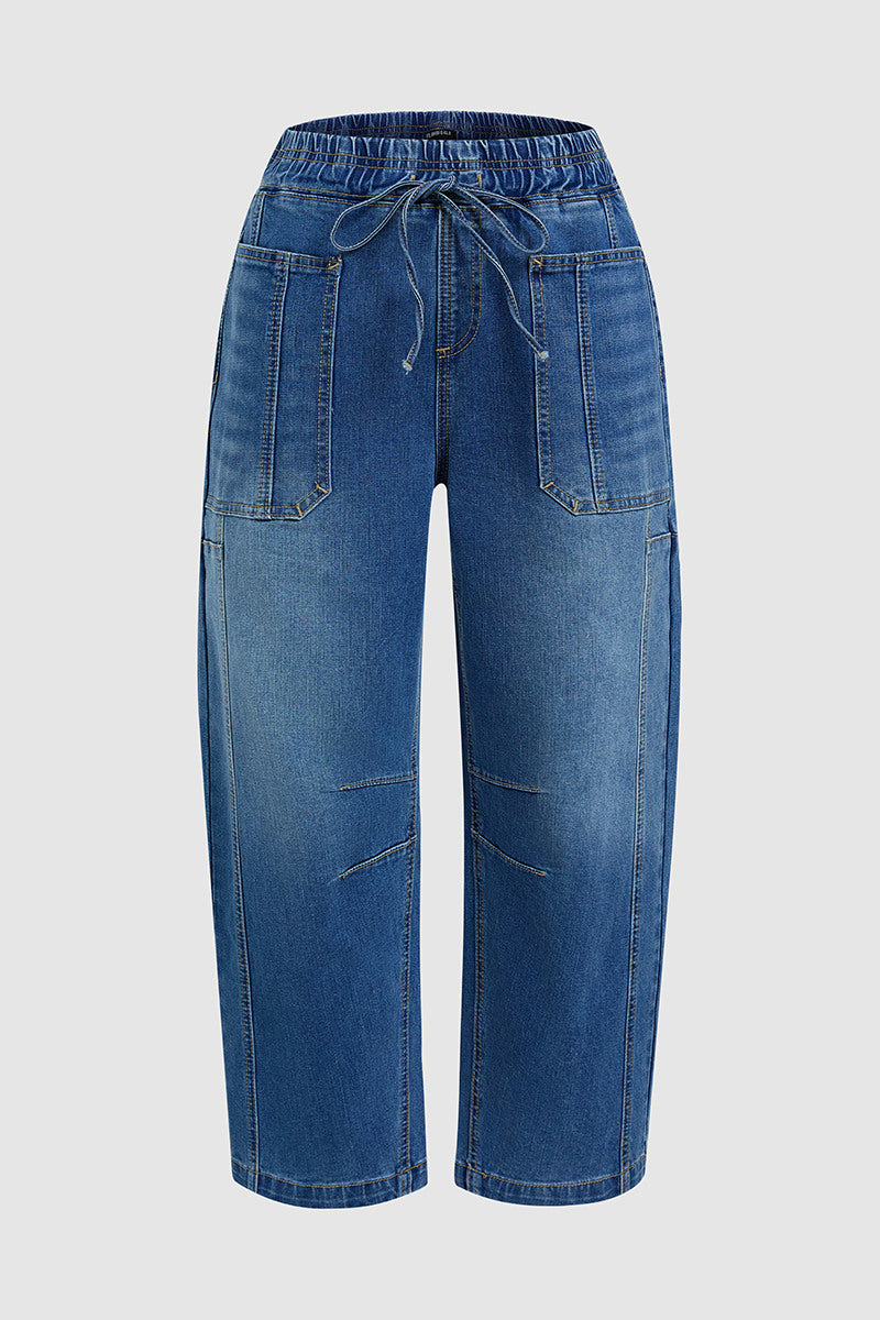 Drawstring Patched Pocket High Waist Barrel Leg Crop Jeans