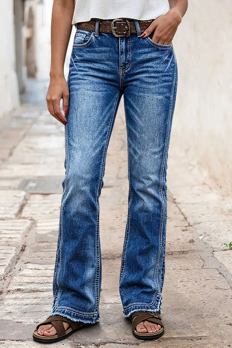 Stitch Detail Raw Hem Split Mid Waist Bootcut Jeans Without Belt