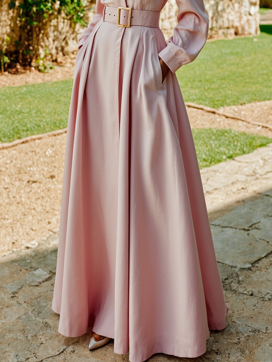 Robe longue en coton, Manches longues, Col à revers, Unie, Ceinturée, Vintage, Rose clair
