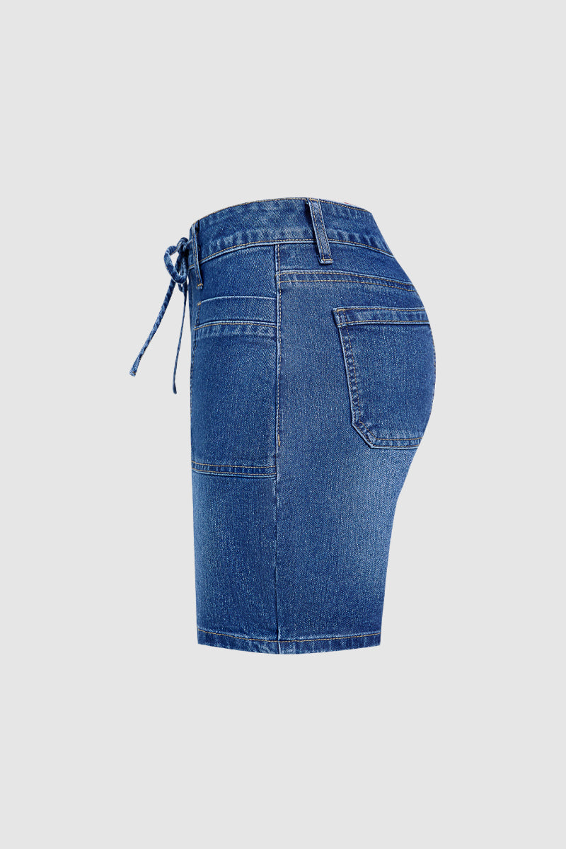 Wash Patch Pocket Drawstring High Rise Mid Thigh Denim Shorts