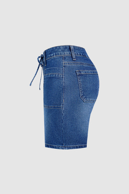 Wash Patch Pocket Drawstring High Rise Mid Thigh Denim Shorts