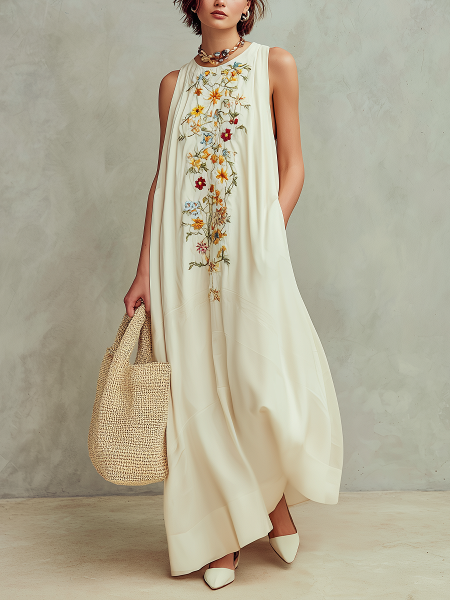 Robe longue ample sans manches, brodée de motifs floraux élégants