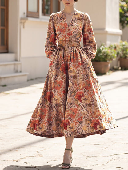 Robe Midi en Lin, Manches Longues, Col V, Florale, Poches, Vacances, Vintage, Jaune-Marron