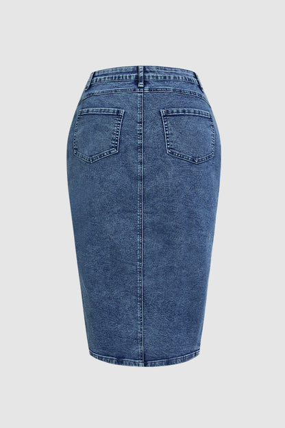 Wash Split Hem Button Up Midi Denim Skirt Without Belt