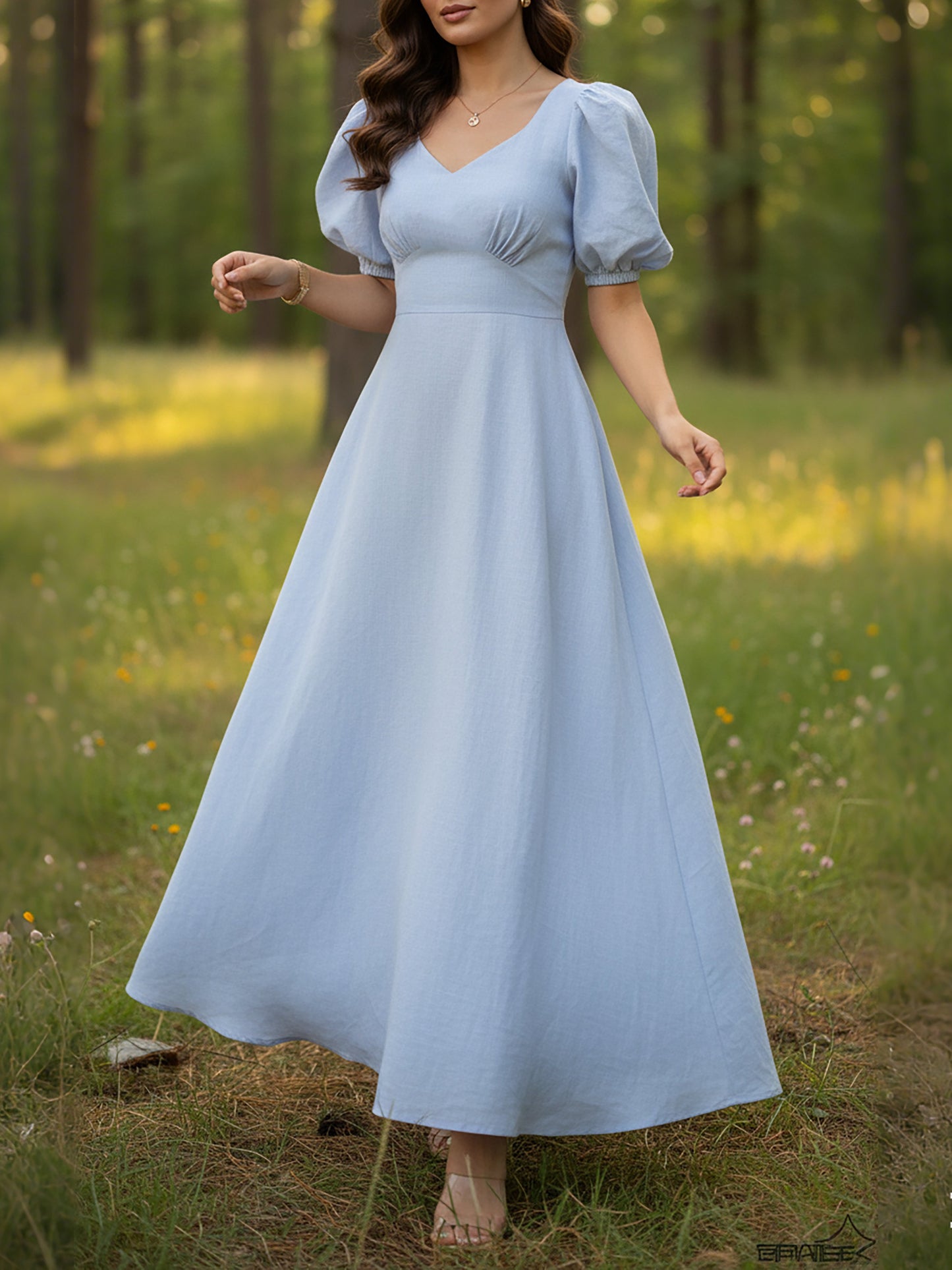 Robe longue en lin, manches courtes, encolure en cœur, unie, vintage, bleue