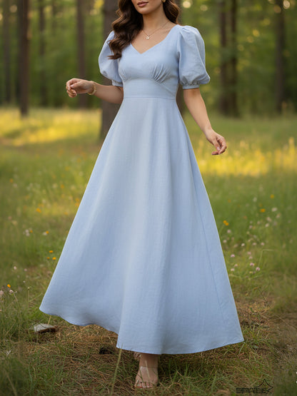 Robe longue en lin, manches courtes, encolure en cœur, unie, vintage, bleue