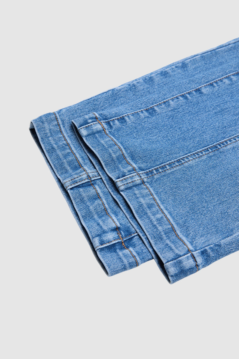 Wash Flap Pocket Stitch Detail Mid Waist Straight Leg Cropped Jeans Without Belt