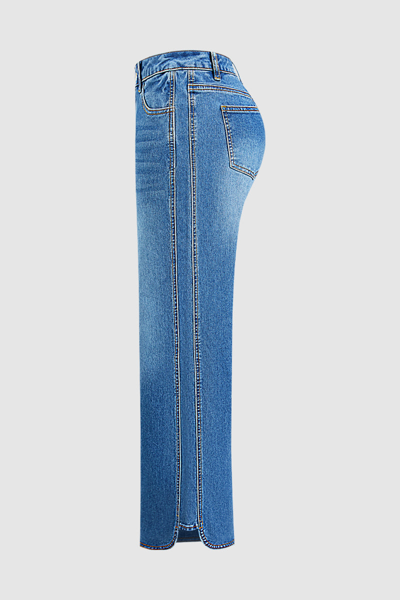 Wash Seam Side Split Hem High Rise Wide Leg Jeans