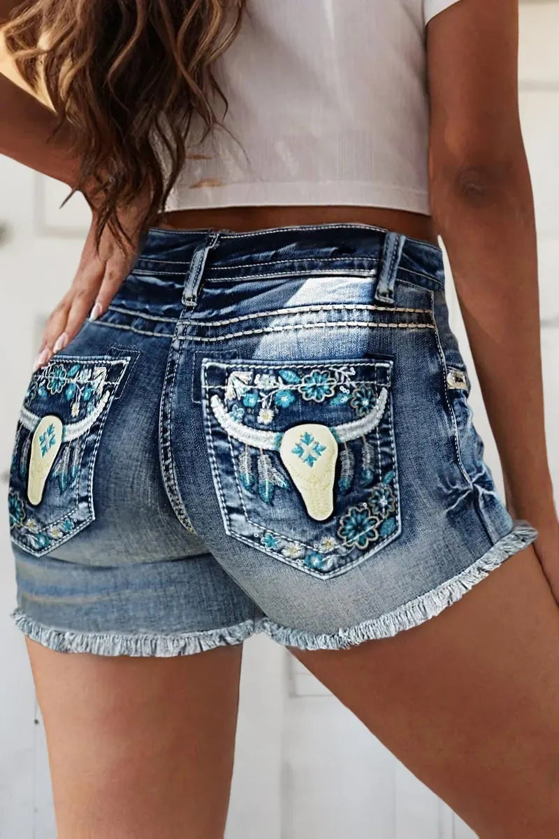 Bull & Floral Embroidered Raw Hem Mid Rise Denim Shorts