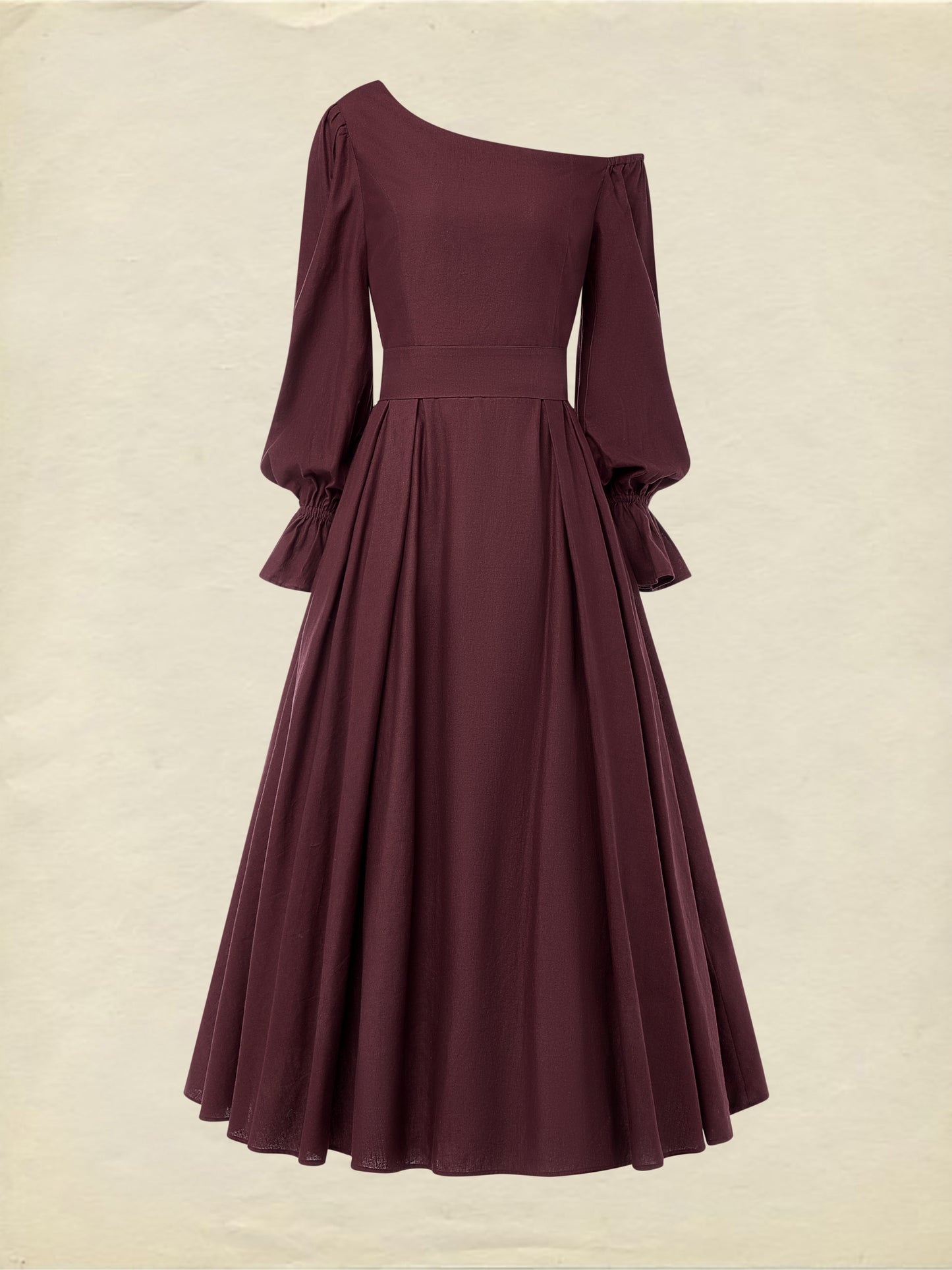Robe Midi en Coton, Manches Longues, Une Épaule, Unie, Ceinturée, Vintage Français, CAMEO BROWN