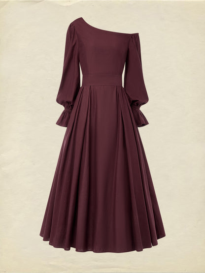 Robe Midi en Coton, Manches Longues, Une Épaule, Unie, Ceinturée, Vintage Français, CAMEO BROWN