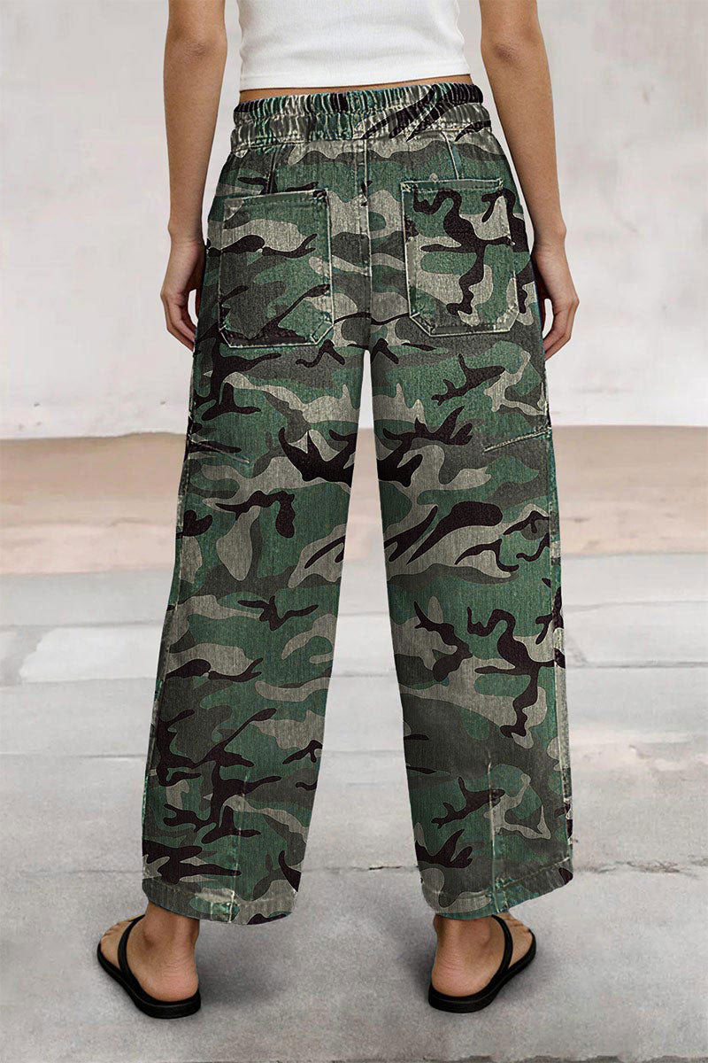Camo Drawstring Mid Waist Barrel Leg Crop Pants