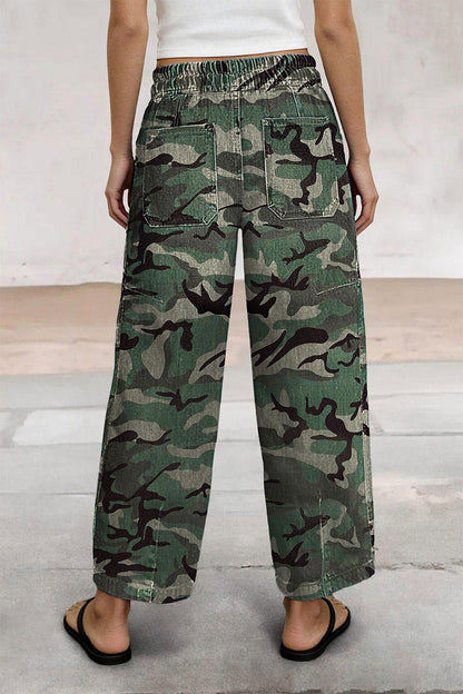 Camo Drawstring Mid Waist Barrel Leg Crop Pants
