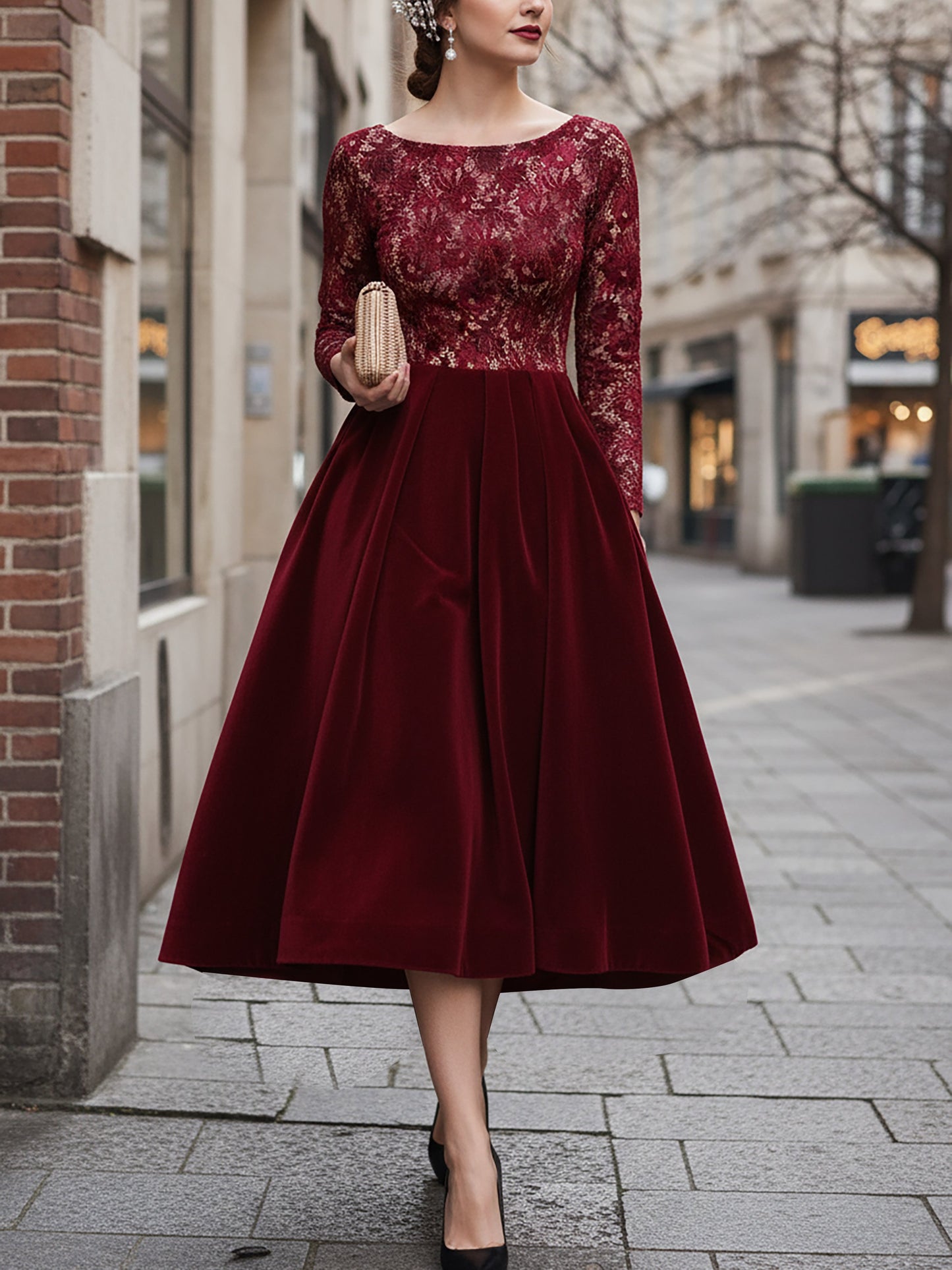 Robe midi en coton, manches longues, col rond, fleurie, dentelle, vintage, rouge