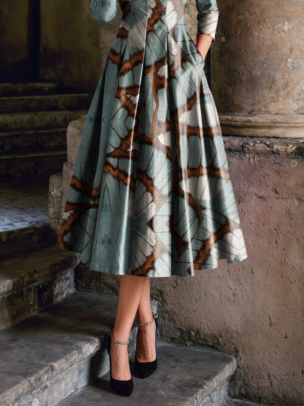Robe midi en coton, demi-manches, col rond, papillon, poches, vintage, cyan